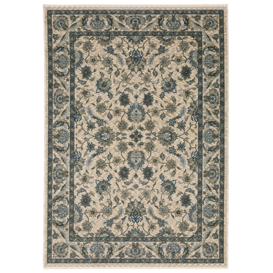 10' X 13' Beige And Blue Oriental Area Rug With Fringe