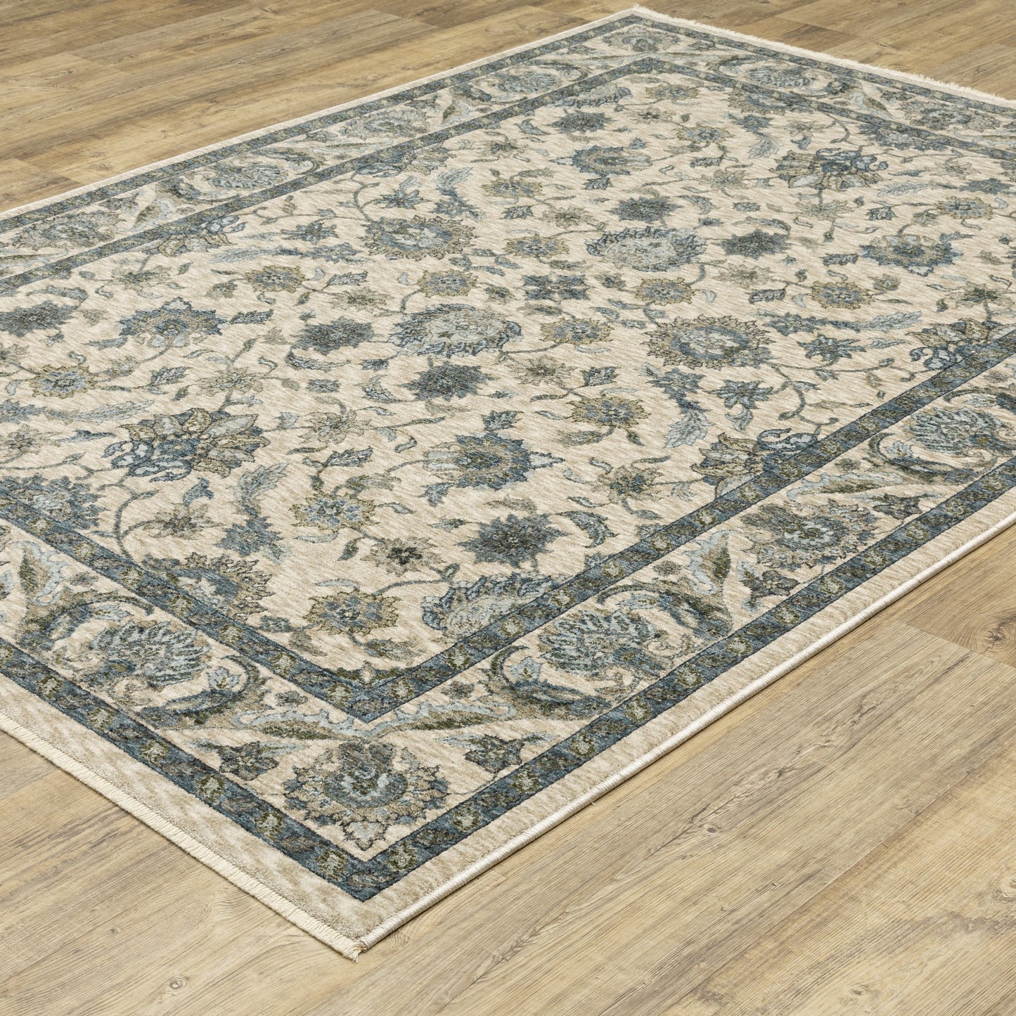 10' X 13' Beige And Blue Oriental Area Rug With Fringe