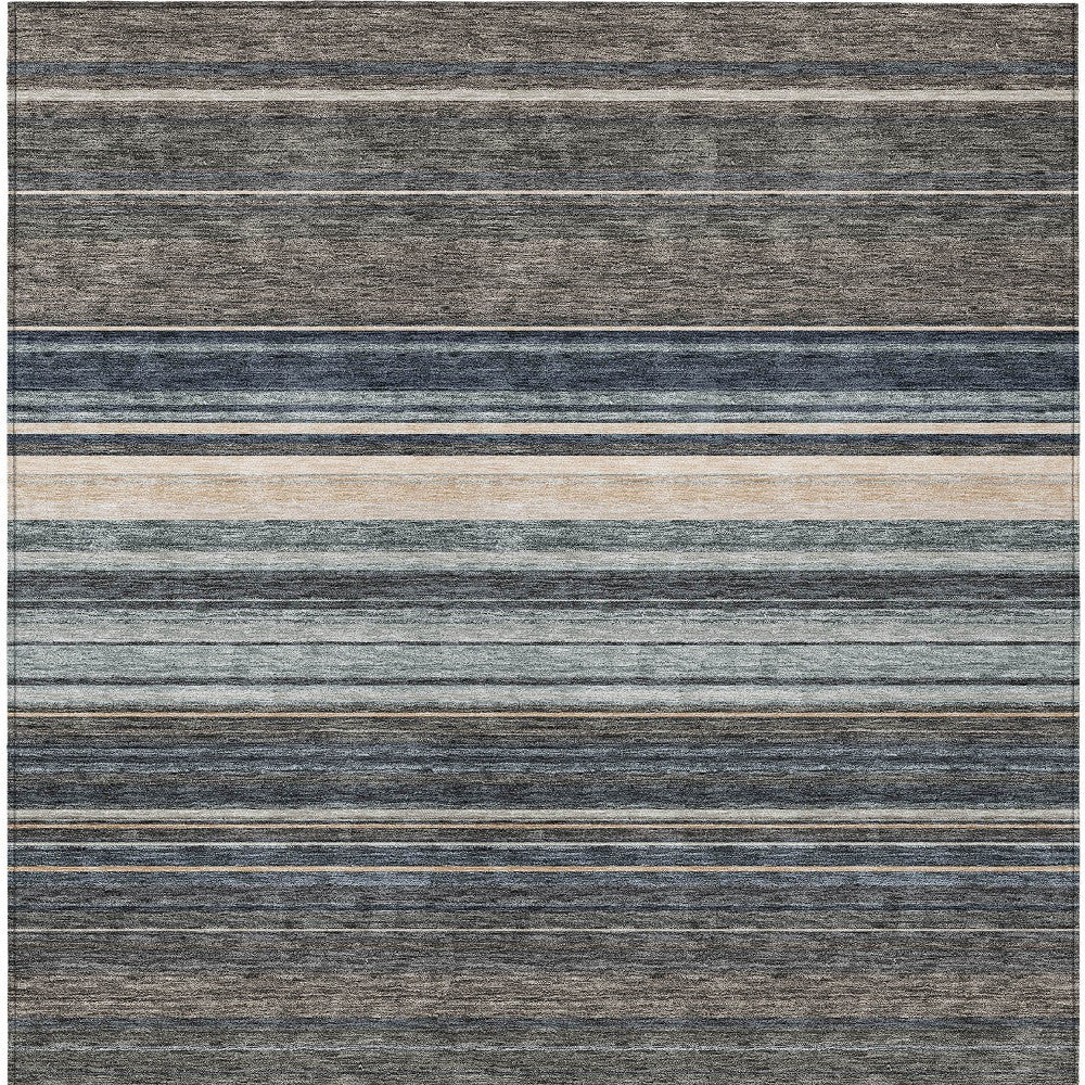 9' X 12' Taupe Beige And Pewter Striped Washable Indoor Outdoor Area Rug