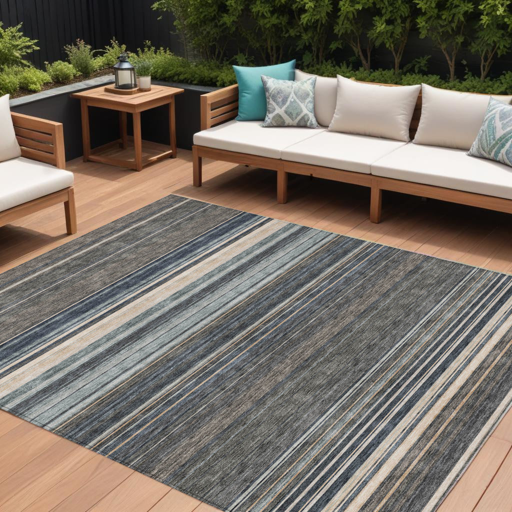 9' X 12' Taupe Beige And Pewter Striped Washable Indoor Outdoor Area Rug