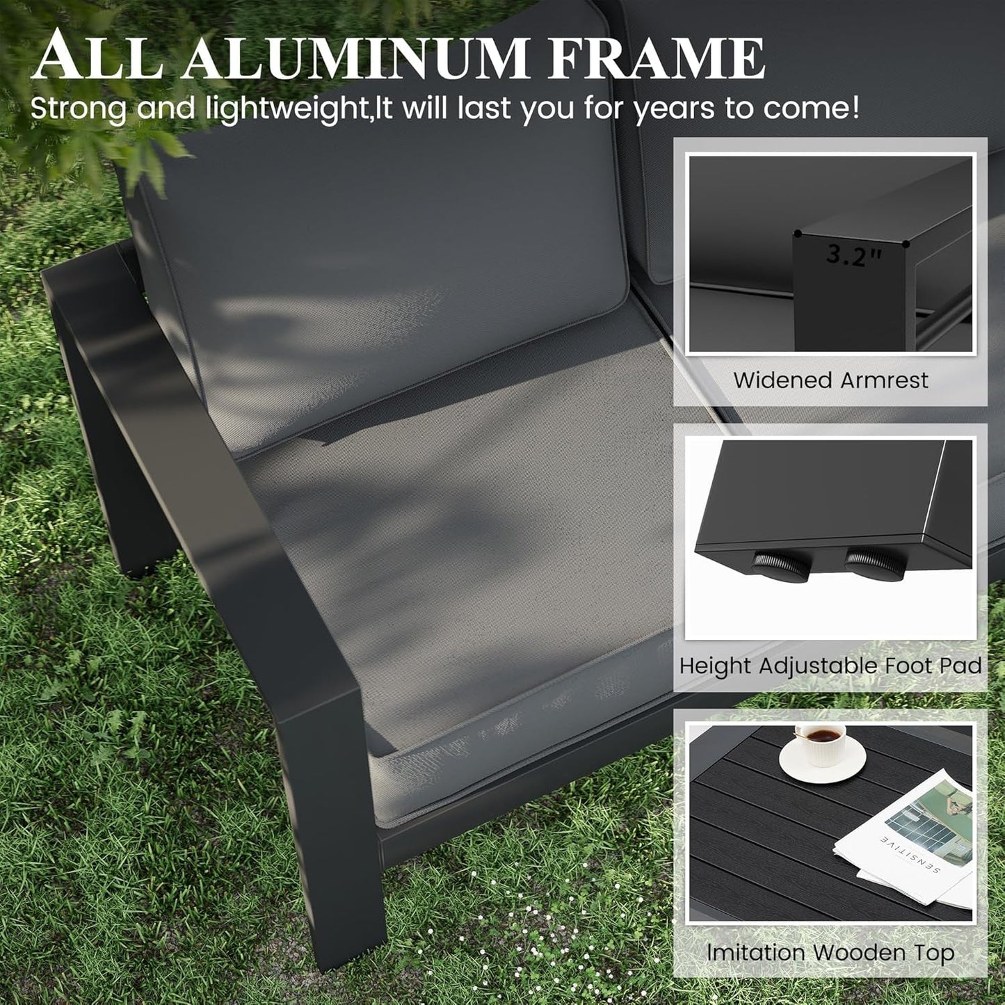 Aluminum Patio Furniture Set, 7 Piece Metal Outdoor Furniture Set, Patio Furniture Set with Waterproof Covers for Backyard Garden(Grey)