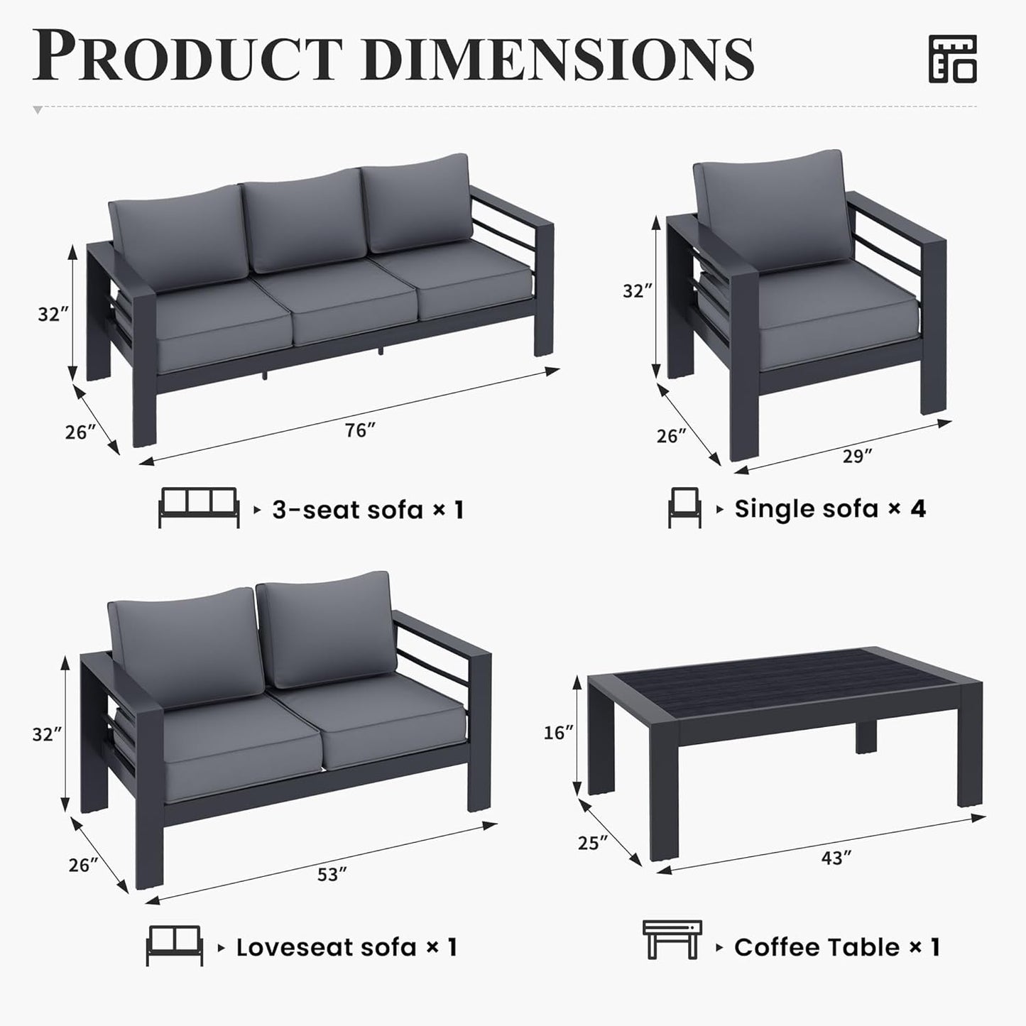 Aluminum Patio Furniture Set, 7 Piece Metal Outdoor Furniture Set, Patio Furniture Set with Waterproof Covers for Backyard Garden(Grey)