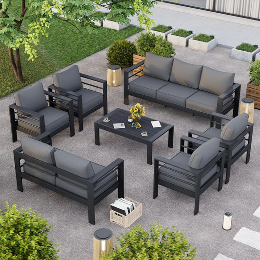 Aluminum Patio Furniture Set, 7 Piece Metal Outdoor Furniture Set, Patio Furniture Set with Waterproof Covers for Backyard Garden（Grey）