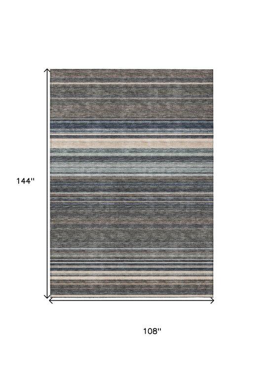 9' X 12' Taupe Beige And Pewter Striped Washable Indoor Outdoor Area Rug