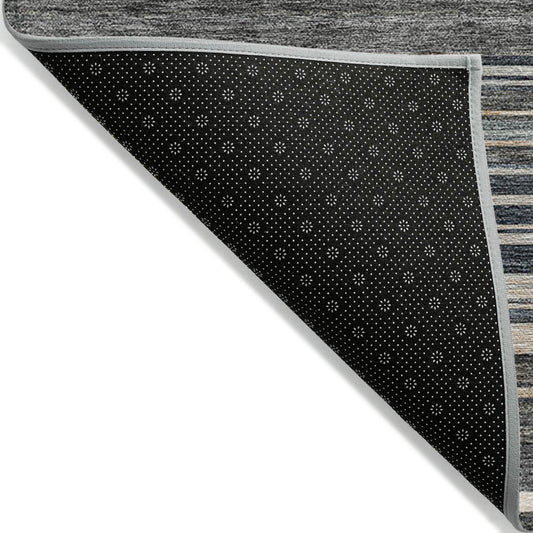 9' X 12' Taupe Beige And Pewter Striped Washable Indoor Outdoor Area Rug